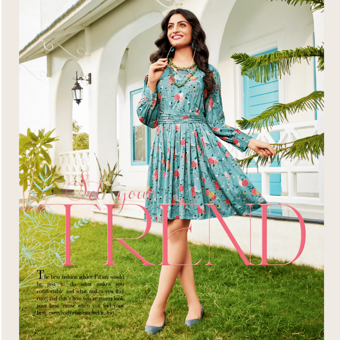 Liva Fashion Women Floral Print Fancy Tunic Dress Light Yellow Sky Blue