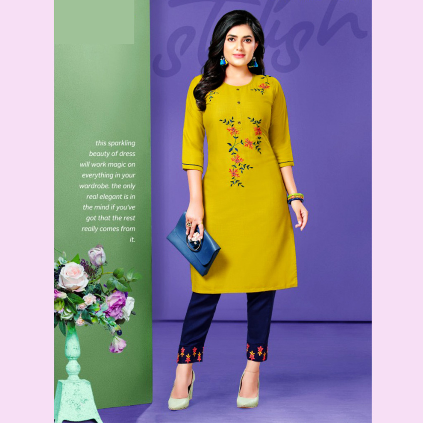 MAYRA Women Lemon Yellow & Blue Embroidered Straight Kurta with Pants