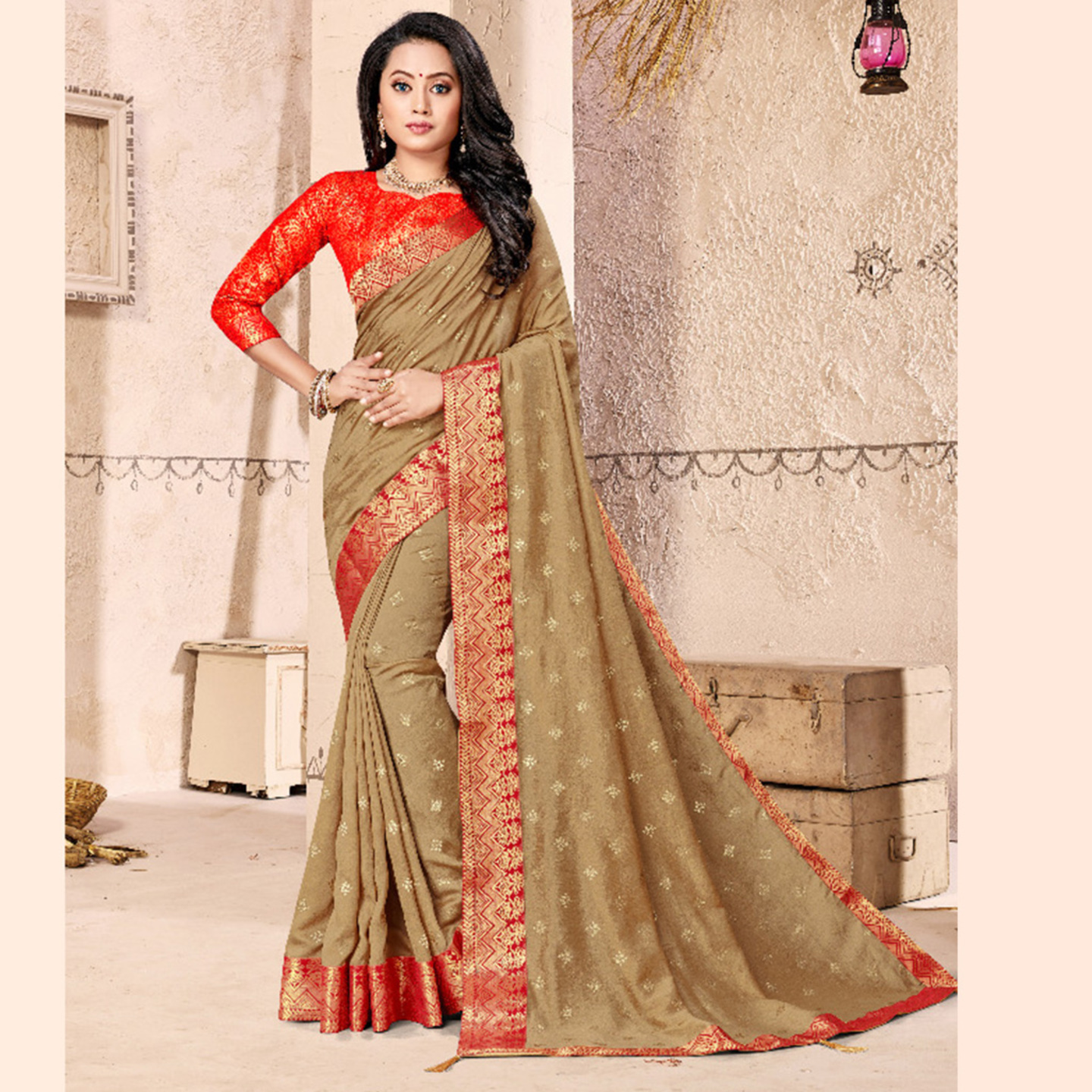 Talk By Fashion Women Vichitra Silk Wedding Wear Saree Mat Golden with Mask