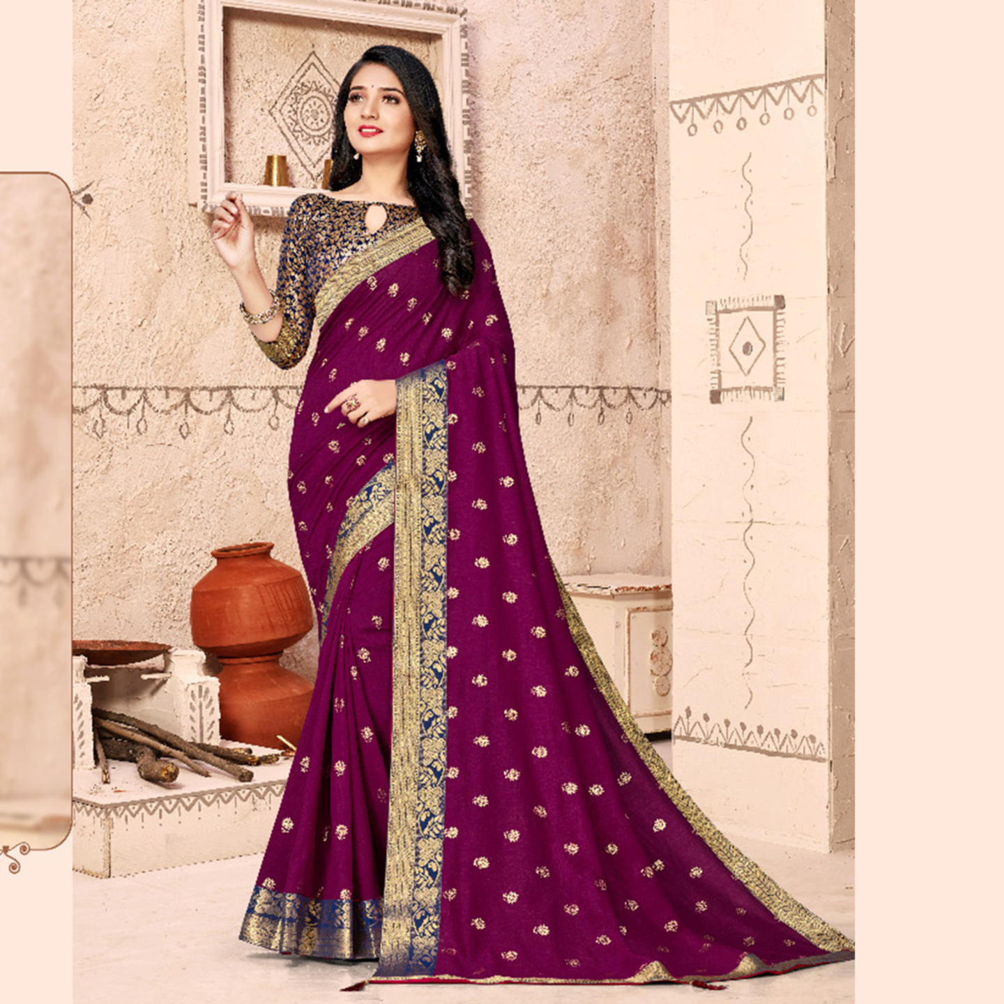 Talk By Fashion Women Vichitra Silk Wedding Wear Saree Purple with Mask