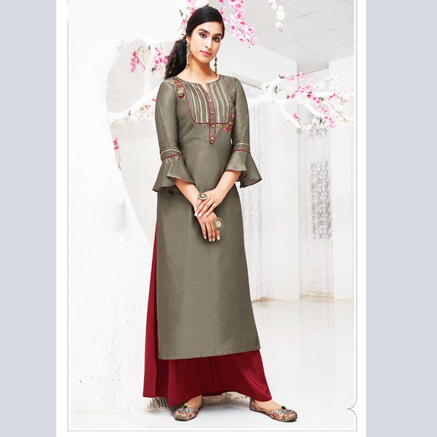 Talk By Fashion Women Heavy Russian Silk Embroidered Kurti with Palazzo Set