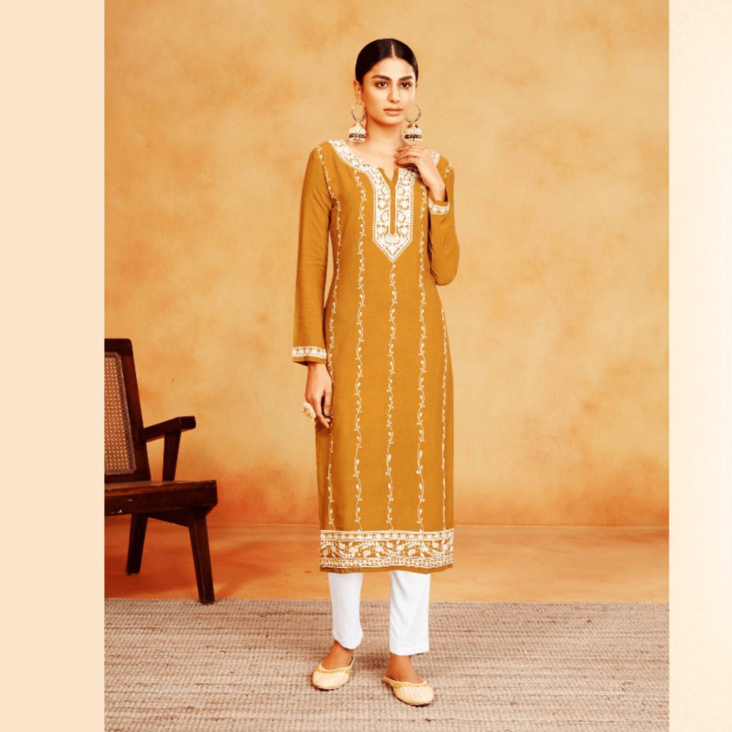 Vamika Nx Women Mustered Yellow Heavy Embroidered Lucknowi Kurta with Pants