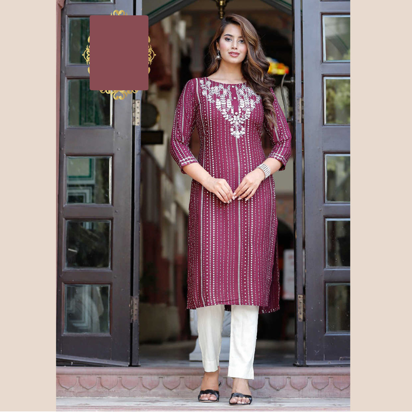 Talk By Fashion Women Wine Color Embroidered Straight Long Kurti