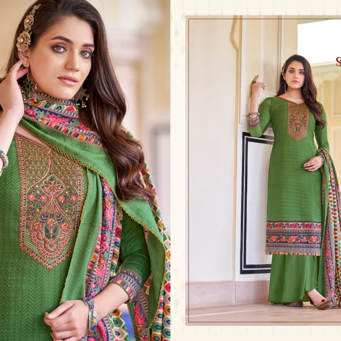 Alok Samadaa Women Ocean Green Color Pure Wool Pashmina Embroidered Dress Material 