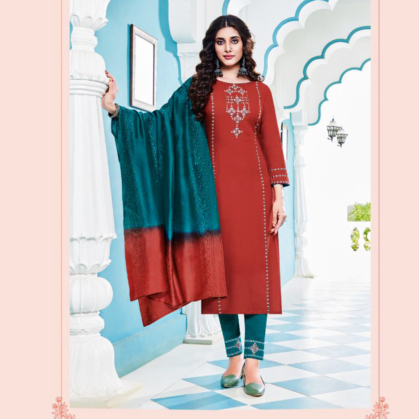 TALK BY FASHION Women Embroidered Kurta with Pants & Dupatta Rust Red