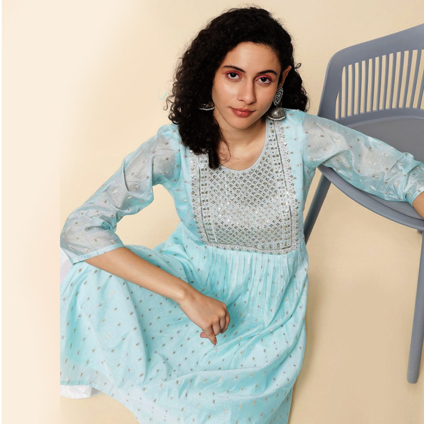 Talk By Fashion Women Viscose Chanderi Embroidered Naira Straight Kurti Light Blue