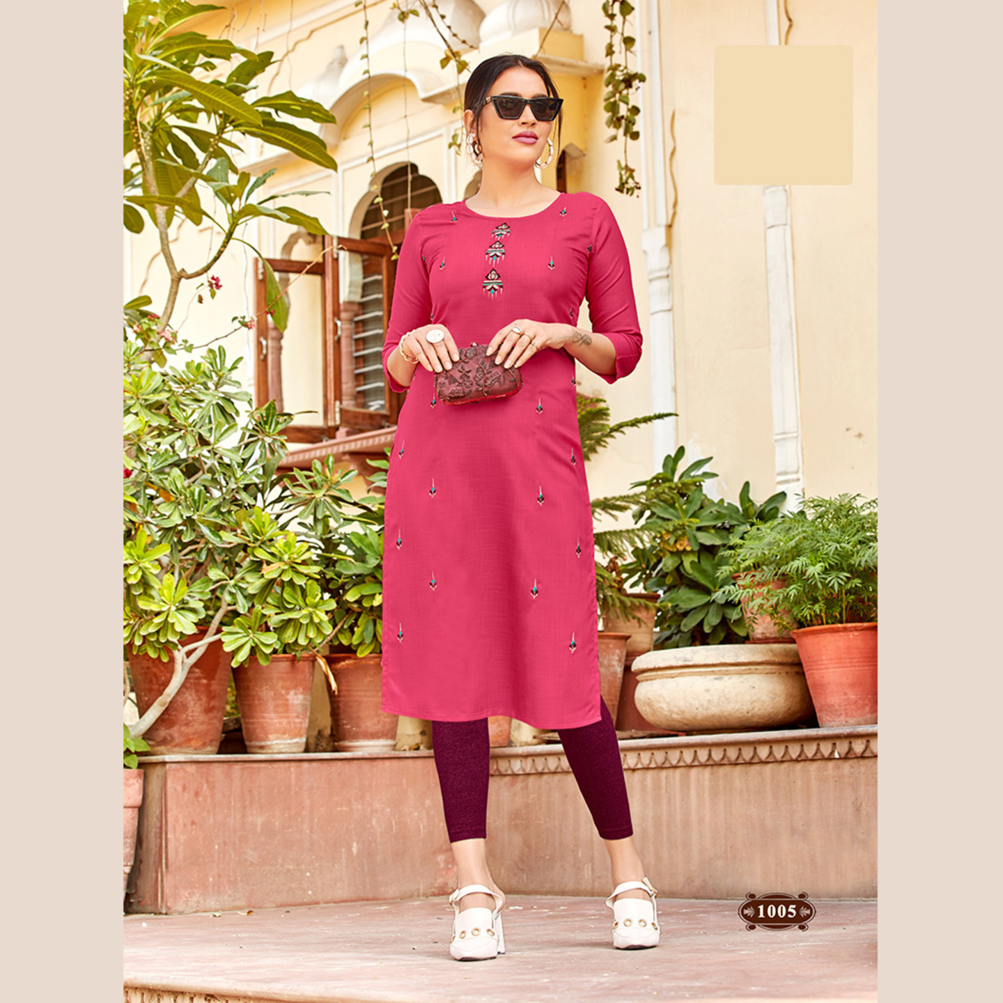 Talk By Fashion Women Pink Embroidered Cotton Straight Kurti