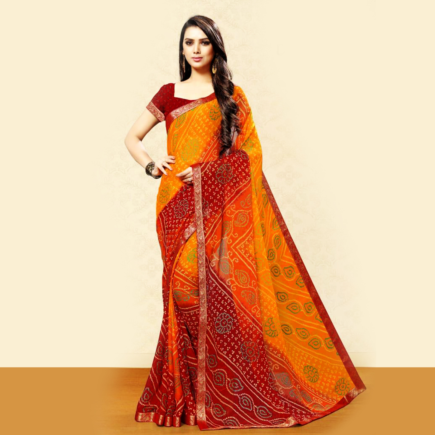 Talk By Fashion Women Chiffon Bandhani Printed Saree Orange -Red