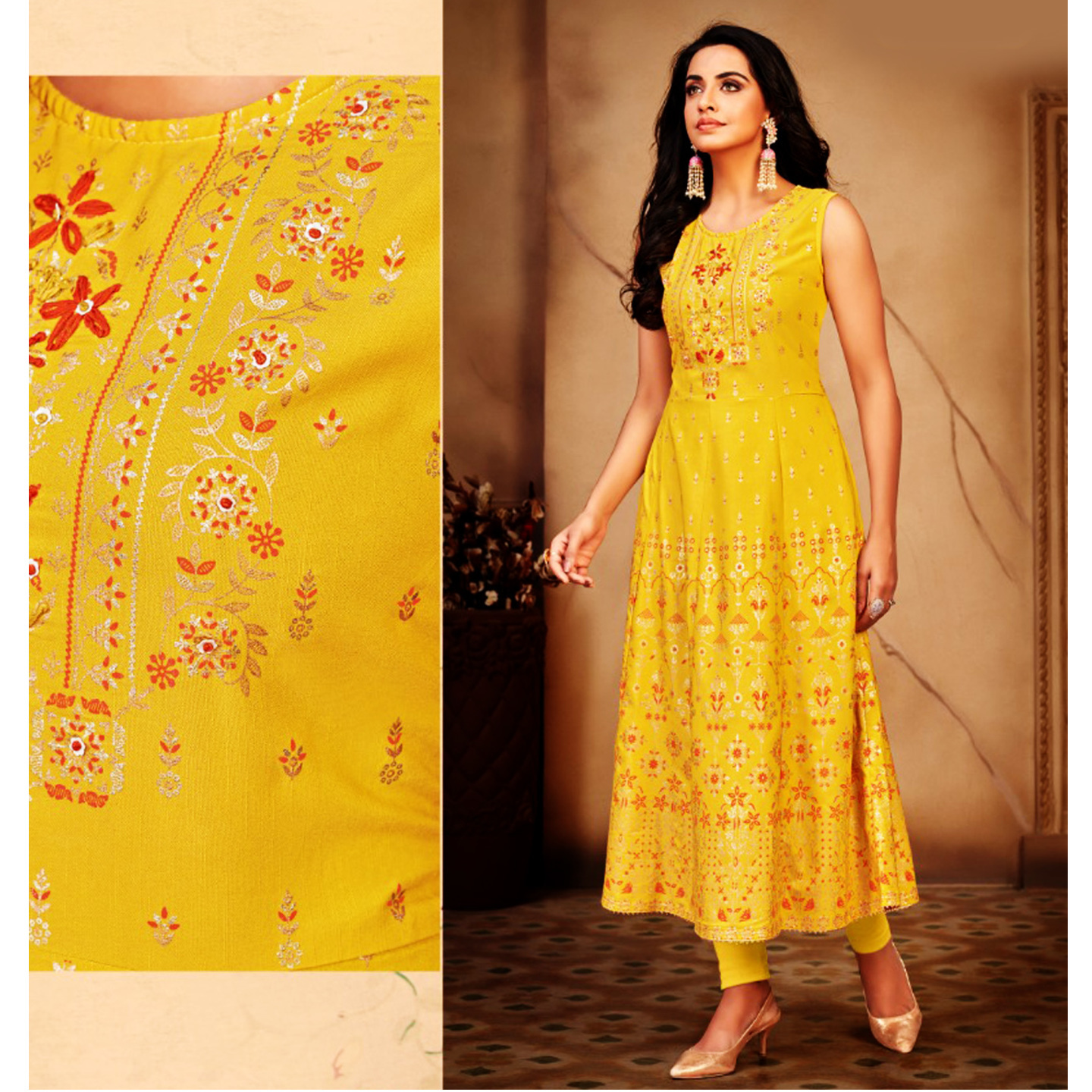 Talk By Fashion Women Pure Viscose Fancy Anarkali Kurti Light Yellow