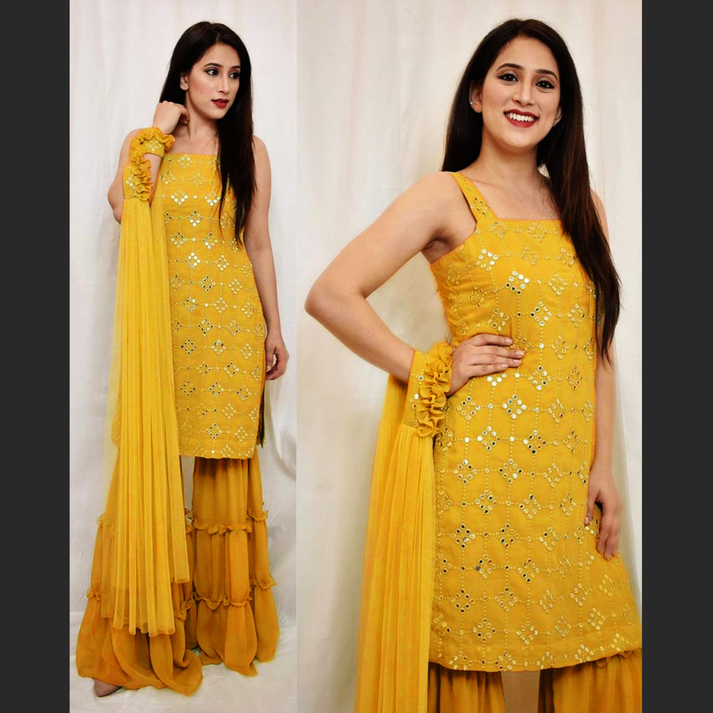 Women Yellow Color Embroidered Kurti with Flared Sharara Dupatta Set