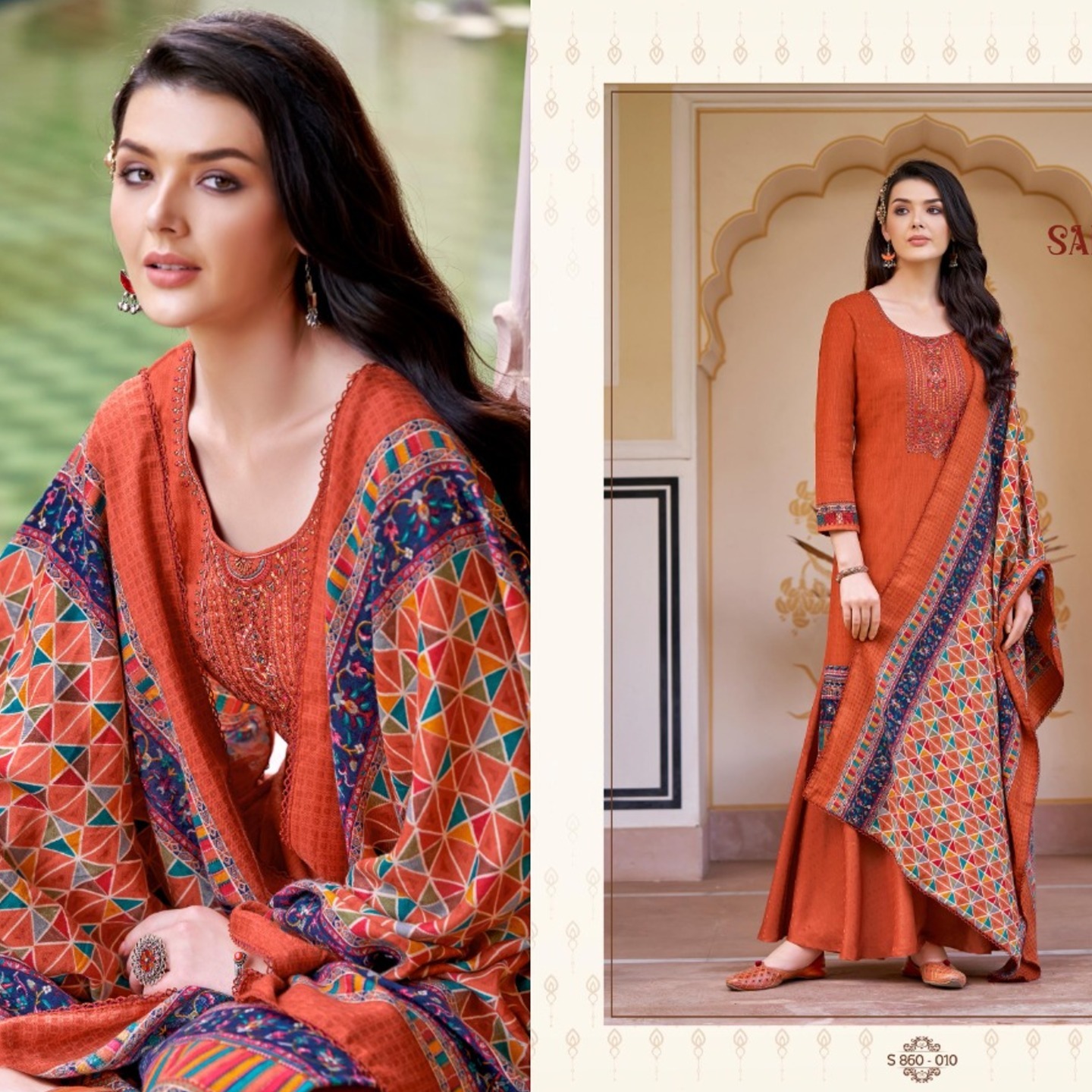 Women Wine Color Pure Woolen Pashmina Embroidered Dress Material 