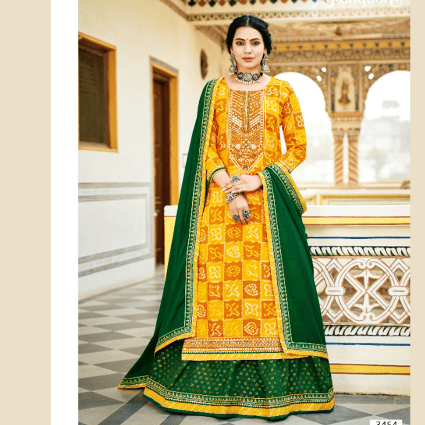 Talk By Fashion Women Yellow & Green Bandhani Kurta Skirt with Dupatta Set