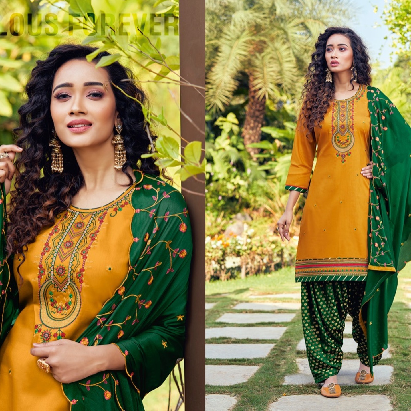 Women Yellow with Green Color Pure Jam Silk Embroidered Kessi Dress Material