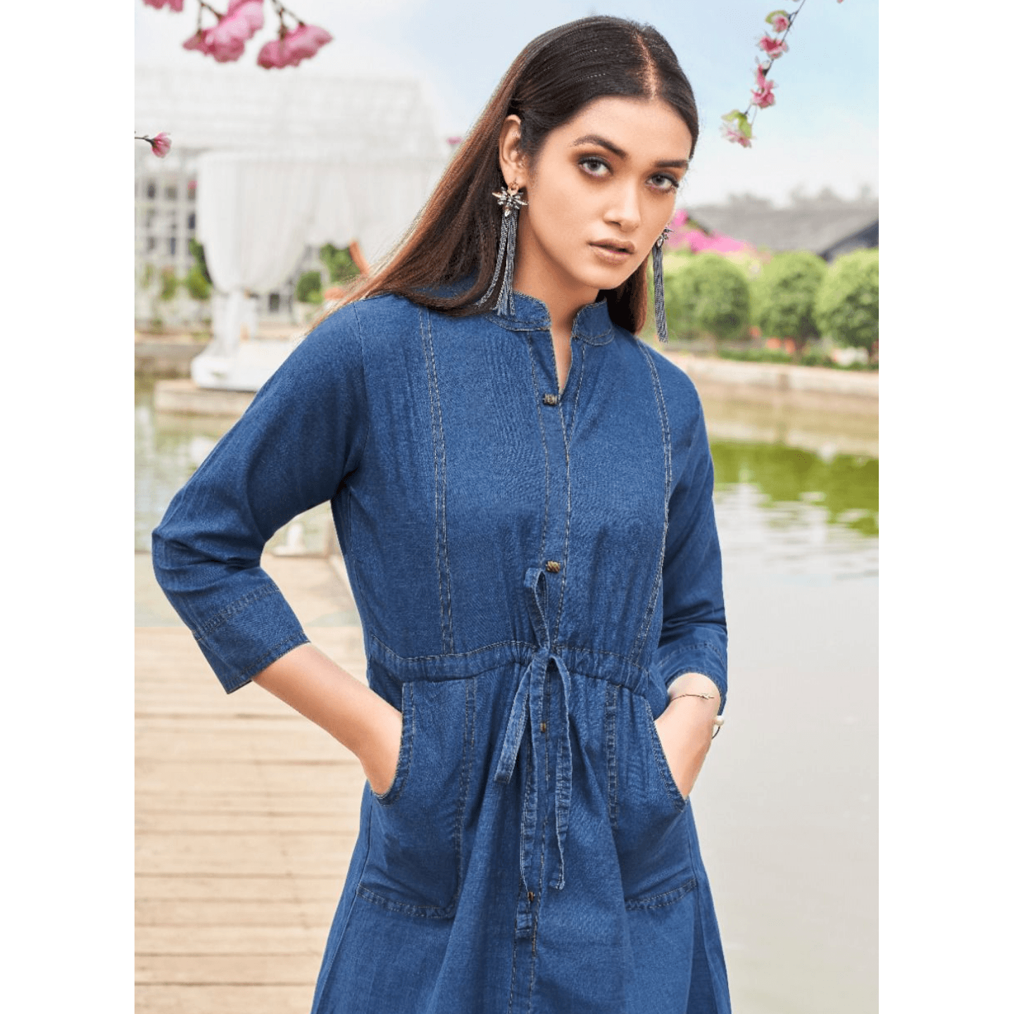 TALK BY FASHION Women Cotton Denim Blue Midi Dress