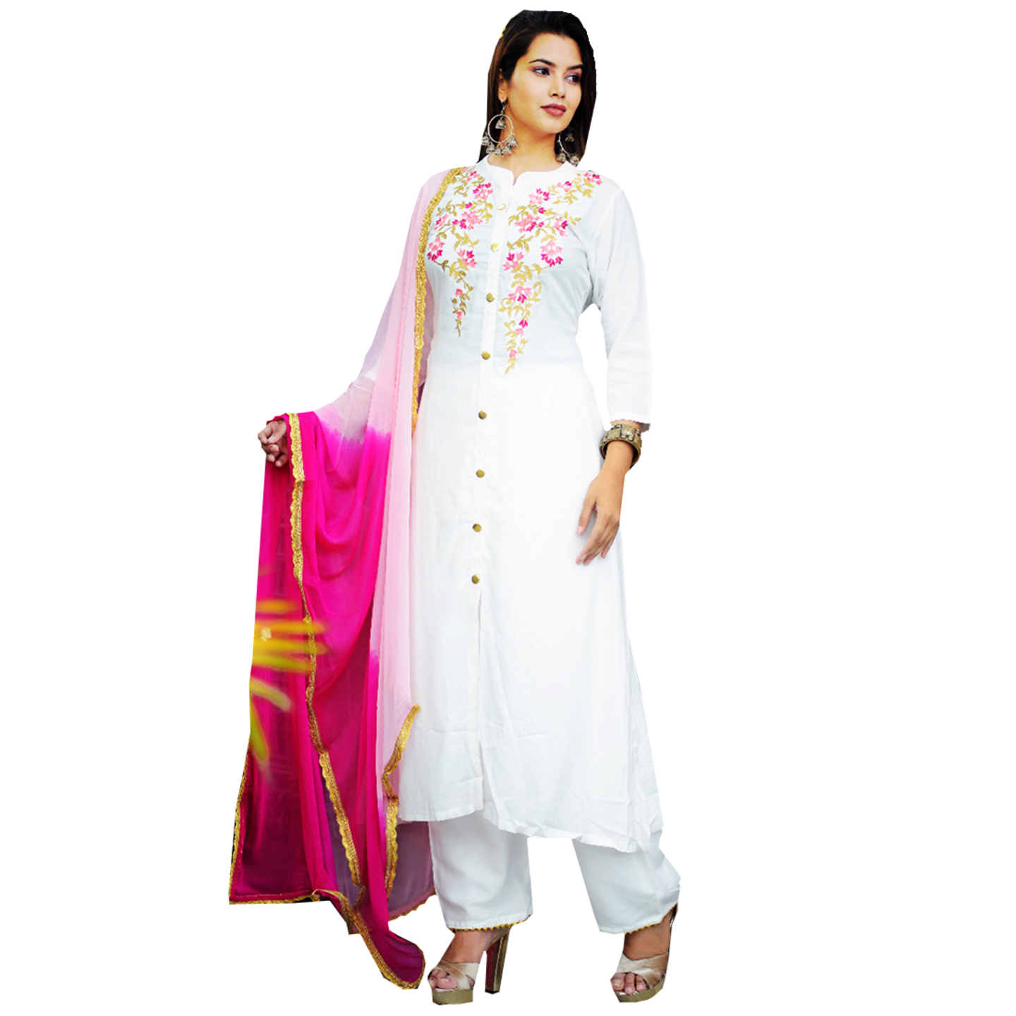 TBF Embroidered White Pink Ethnic Kurta Plazzo Set