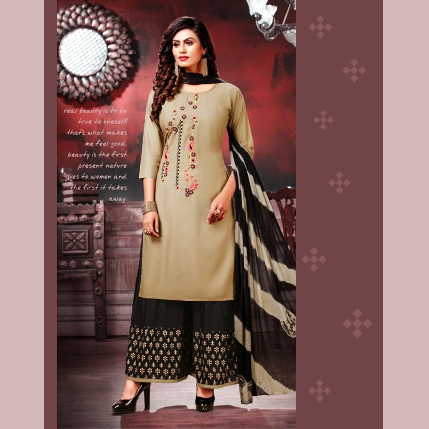 Talk By Fashion Women Heavy Rayon Kurti with Palazzo Dupatta Set Brown