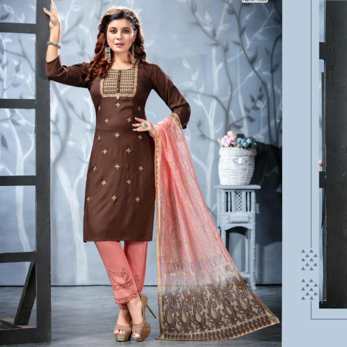 Kinti Presents Women Cocoa Color Embroidered Kurta with Trousers & Dupatta