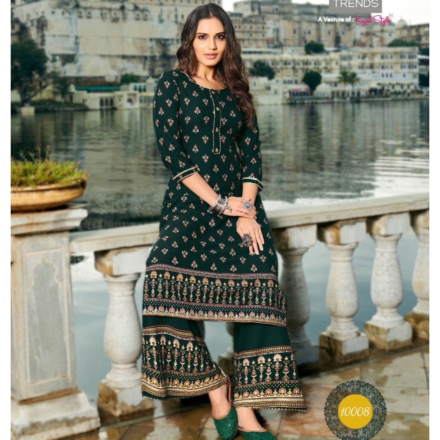 Diya Trends Women Dark Bottle Green Color Kurta with Flared Palazzos
