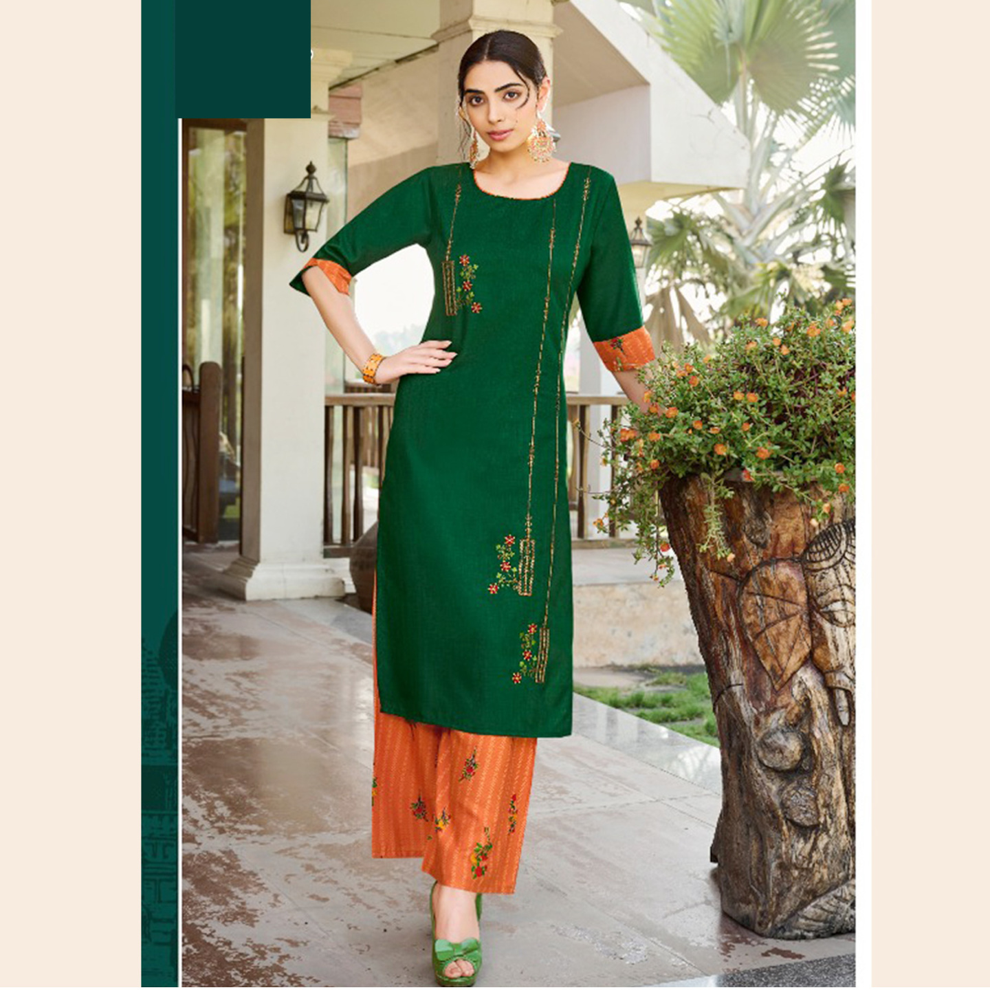 Talk By Fashion Women Bottle Green Embroidered Cotton Kurta and Palazzos 