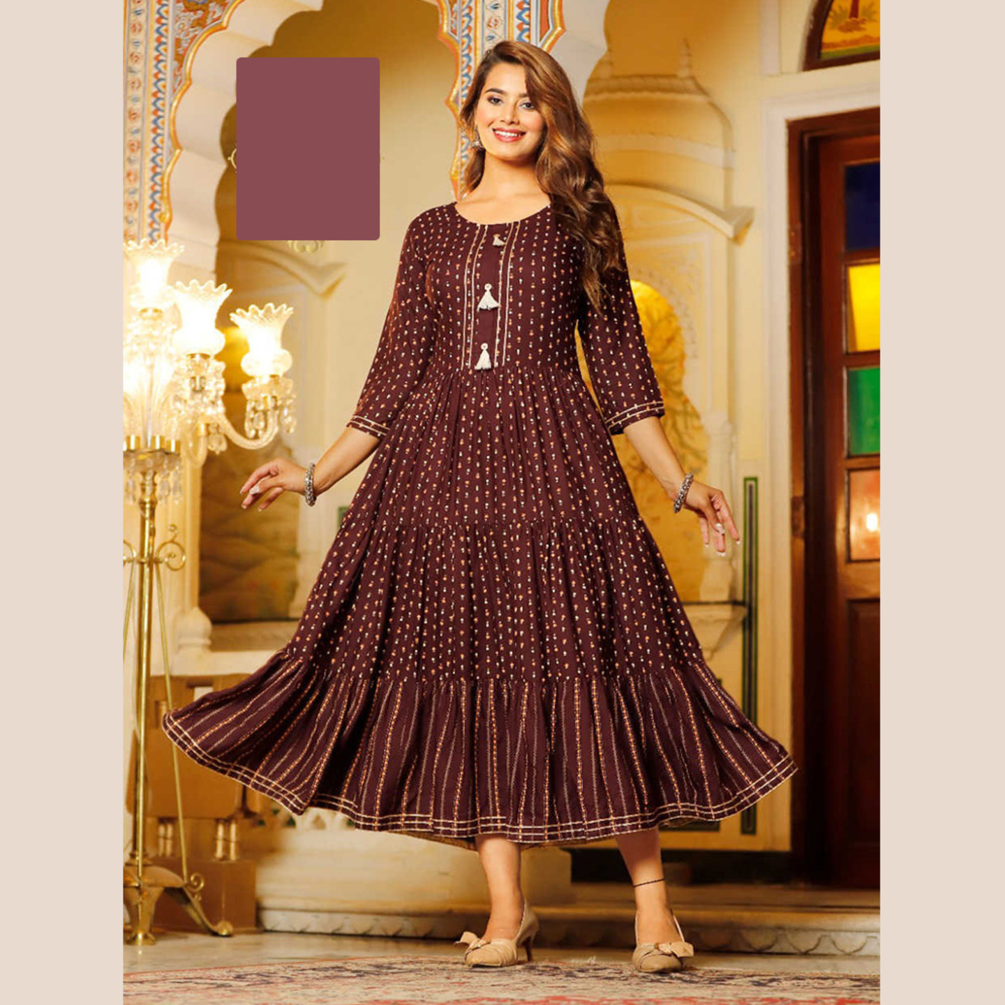 Talk By Fashion Women Dark Cocoa Brown Printed Anarkali Long Kurti