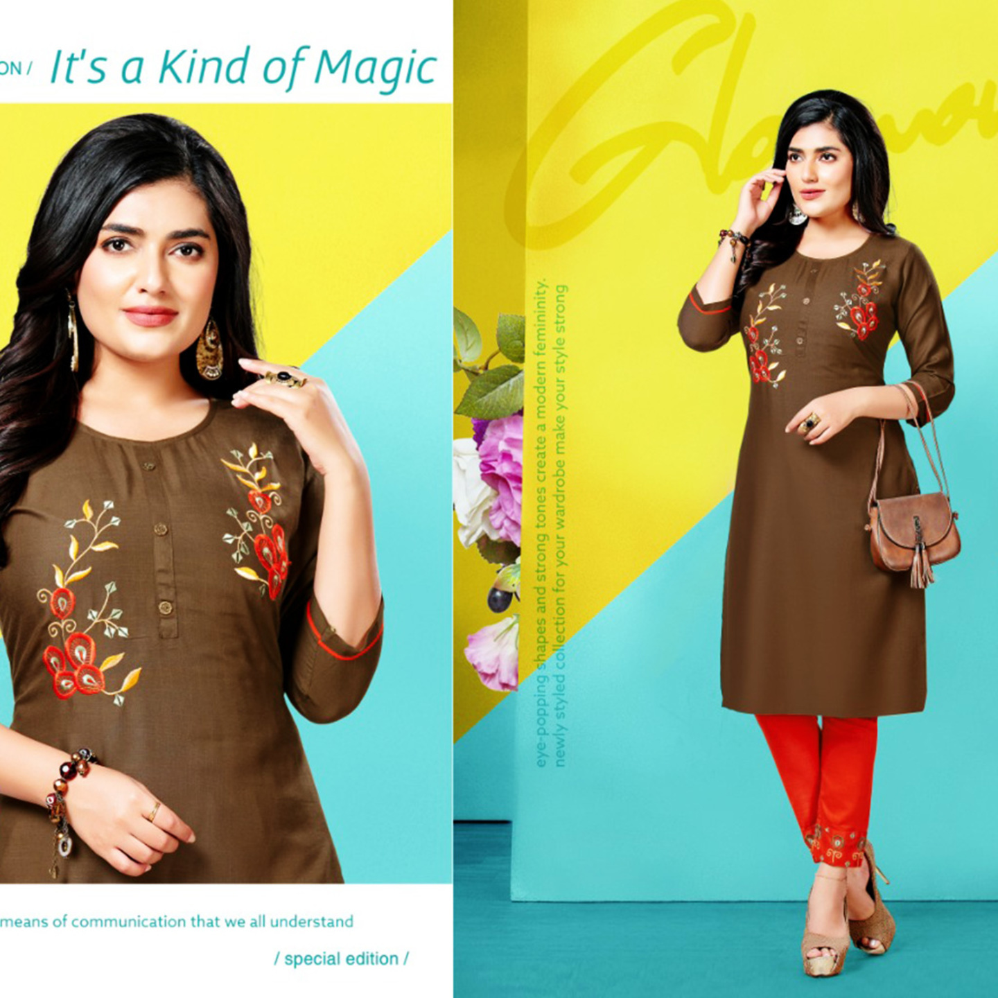 MAYRA Women Brown & Orange Cotton Embroidered Straight Kurta with Pants