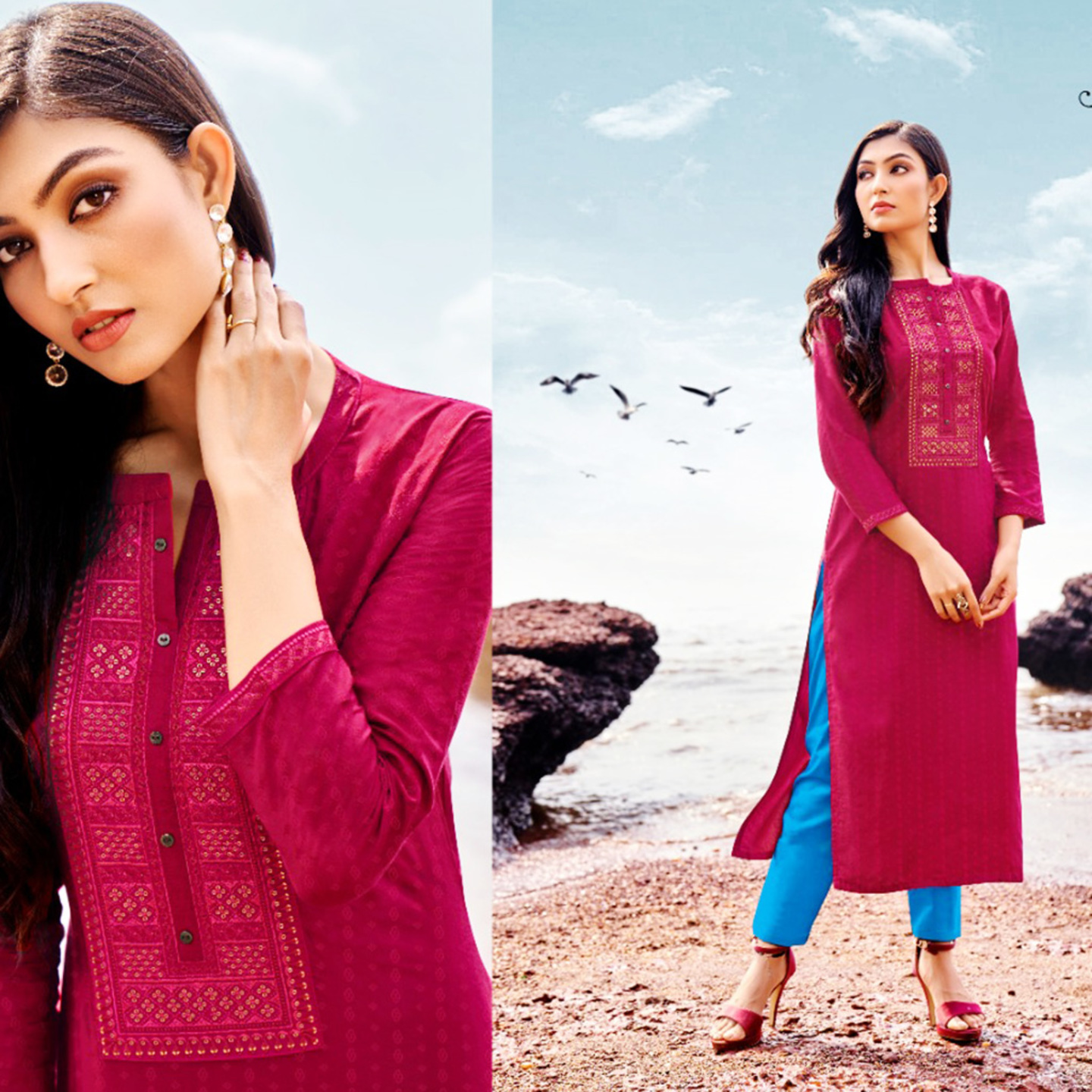 Women Magenta Pink Embroidered Straight Kurta