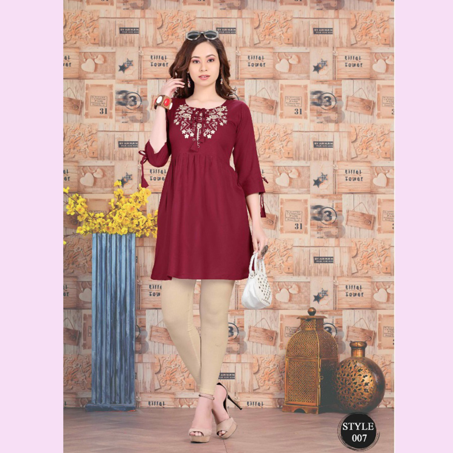 Women Dark Maroon Embroidered Detail Tie-up Neck A-Line Tunic