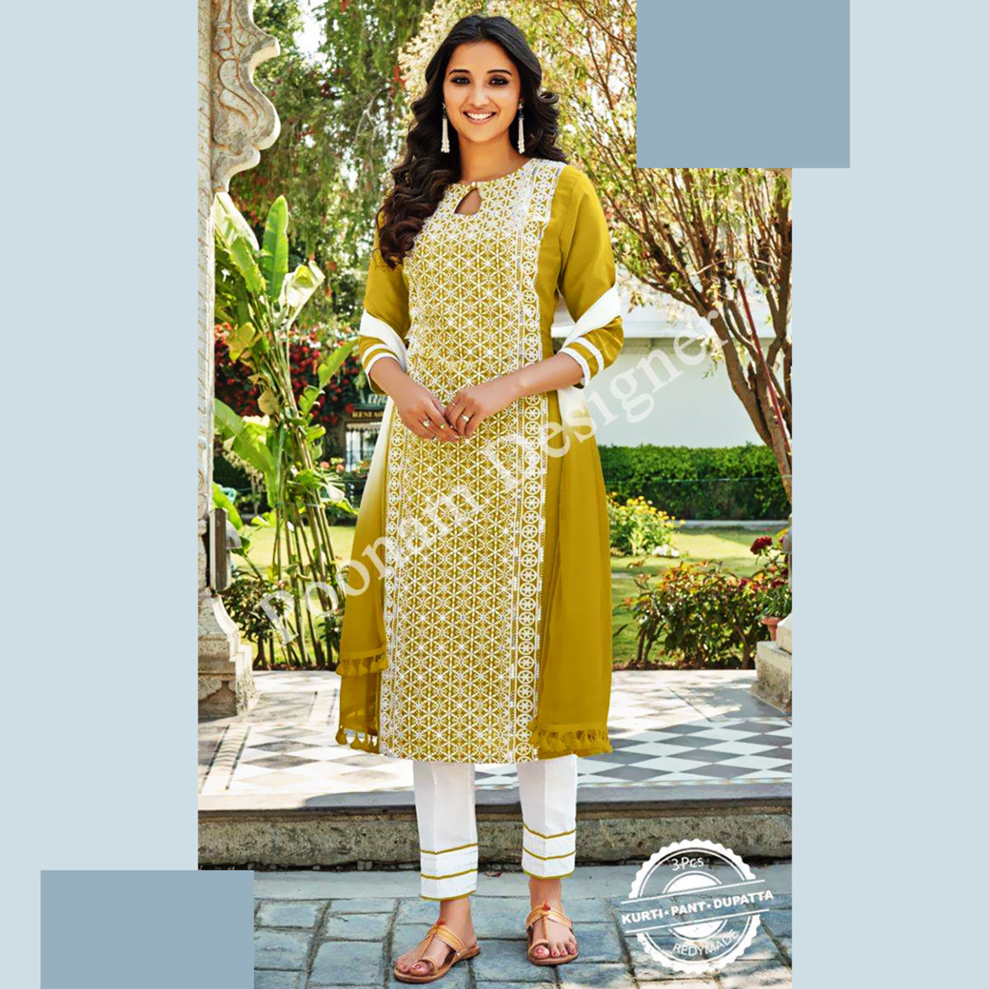 Women Corn Yellow & White Lucknowi Cotton Kurta with Trousers & Dupatta
