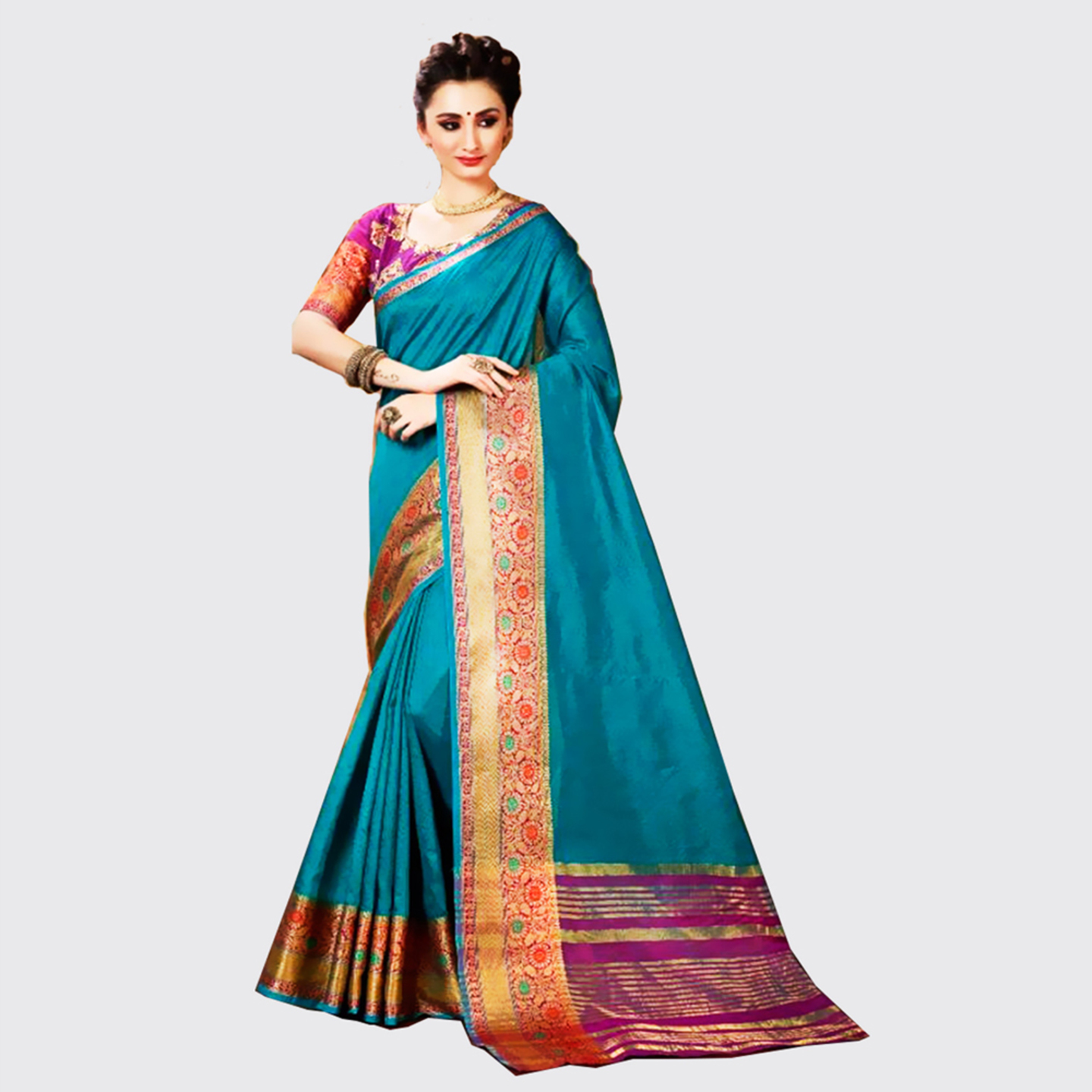 Talk By Fashion Women Banarasi Silk Saree Blue with Purple Blouse