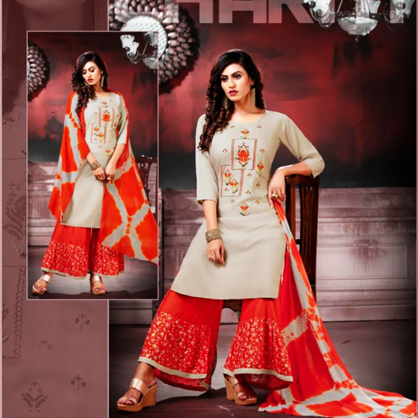 Talk By Fashion Women Heavy Rayon Kurti with Palazzo Dupatta Set Orange