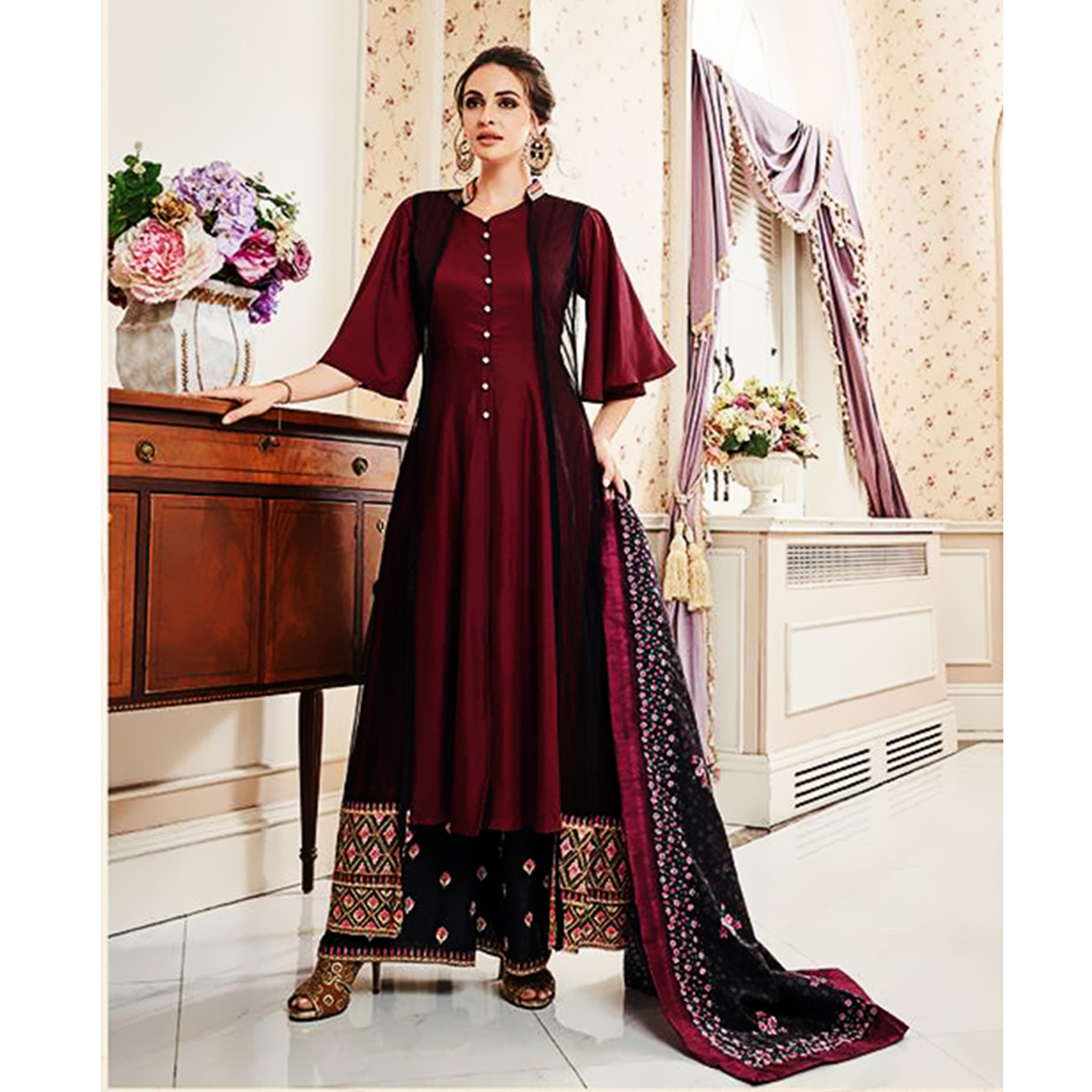 Talk By Fashion Women Heavy Muslin With Embroidered Anarkali Suit Set Maroon