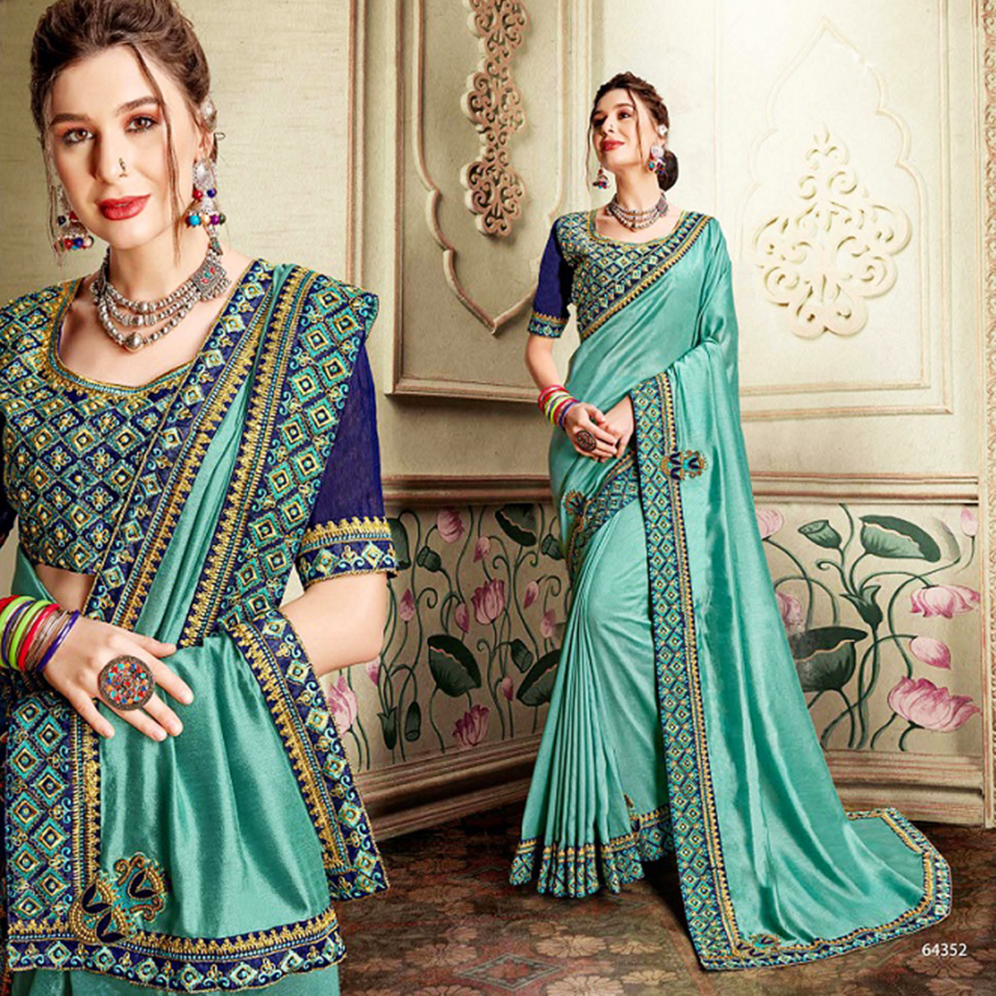 Talk By Fashion Women Heavy Embroidered Wedding Wear Silk Saree Blue