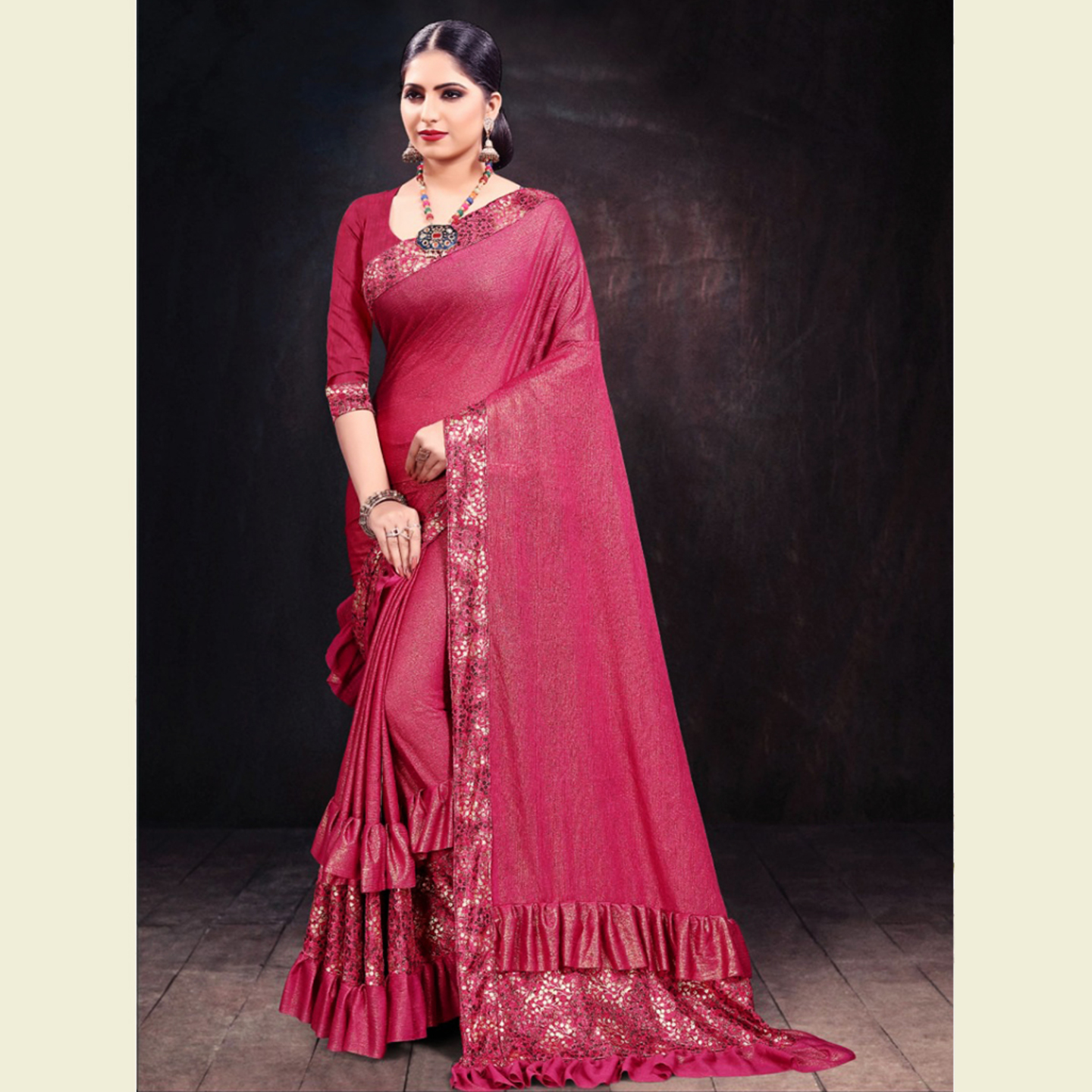Talk By Fashion Women Heavy Shimmer Lycra Party Wear Saree Pink