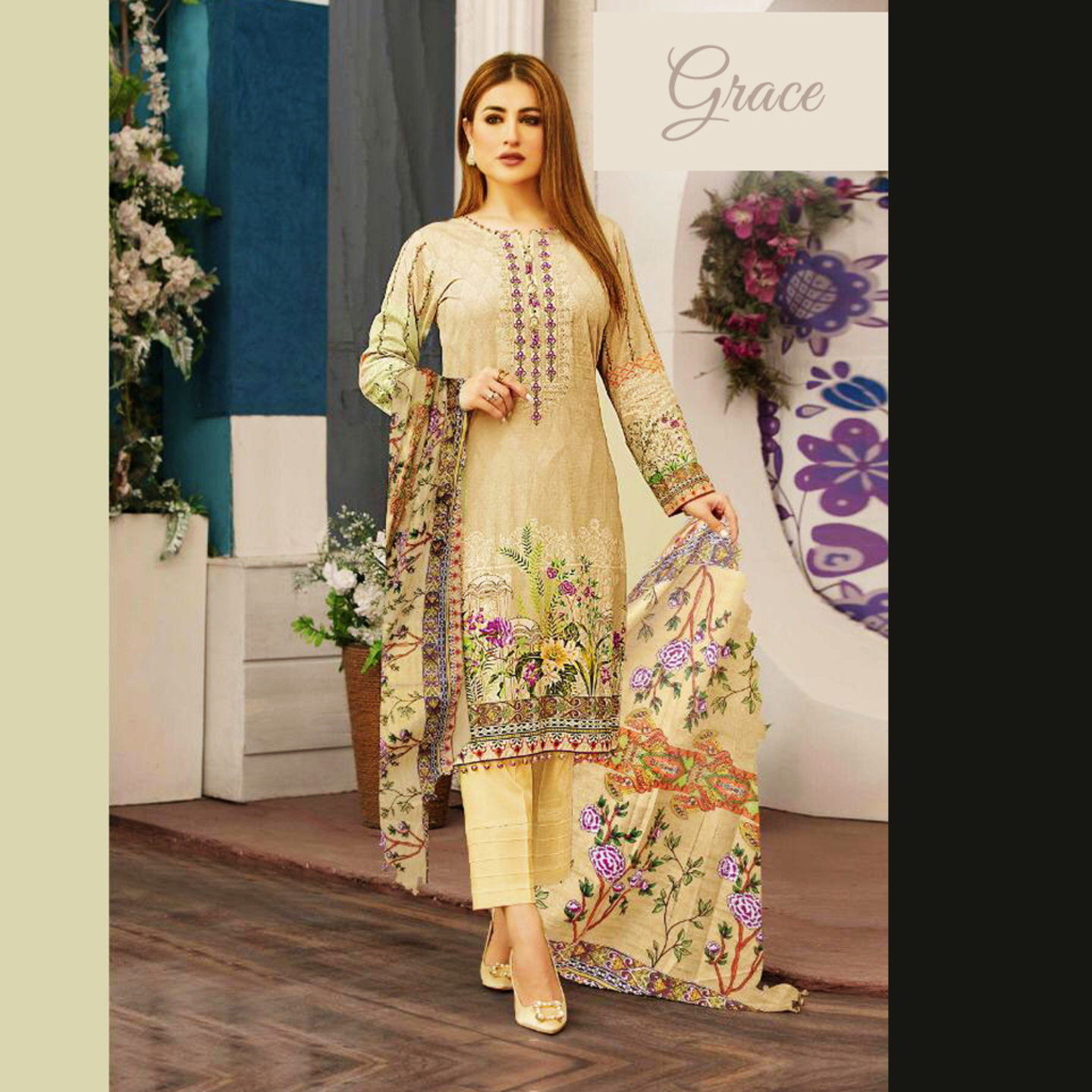 Talk By Fashion Women Pure Lawn Cotton Karachi Dress Material Beige