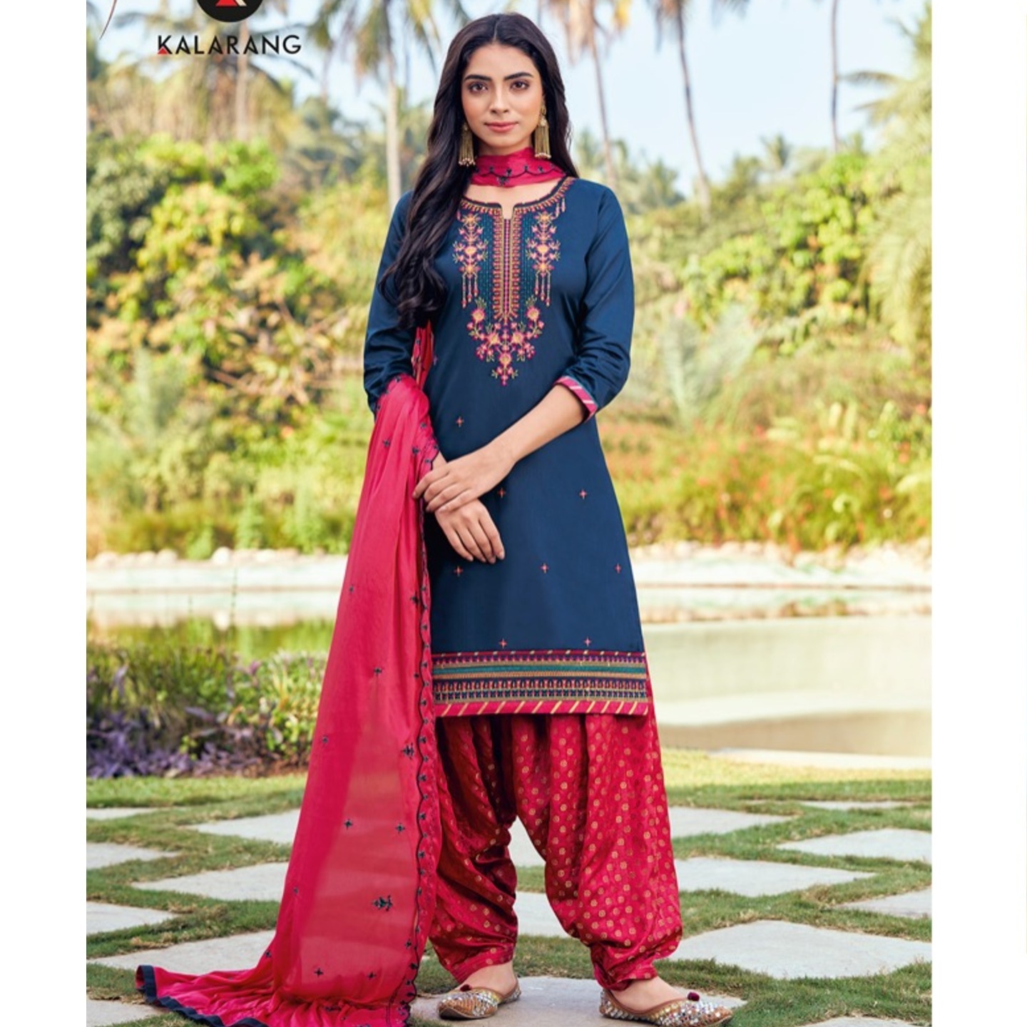 Women Dark Blue with Pink Color Pure Jam Silk Embroidered Kessi Dress Material
