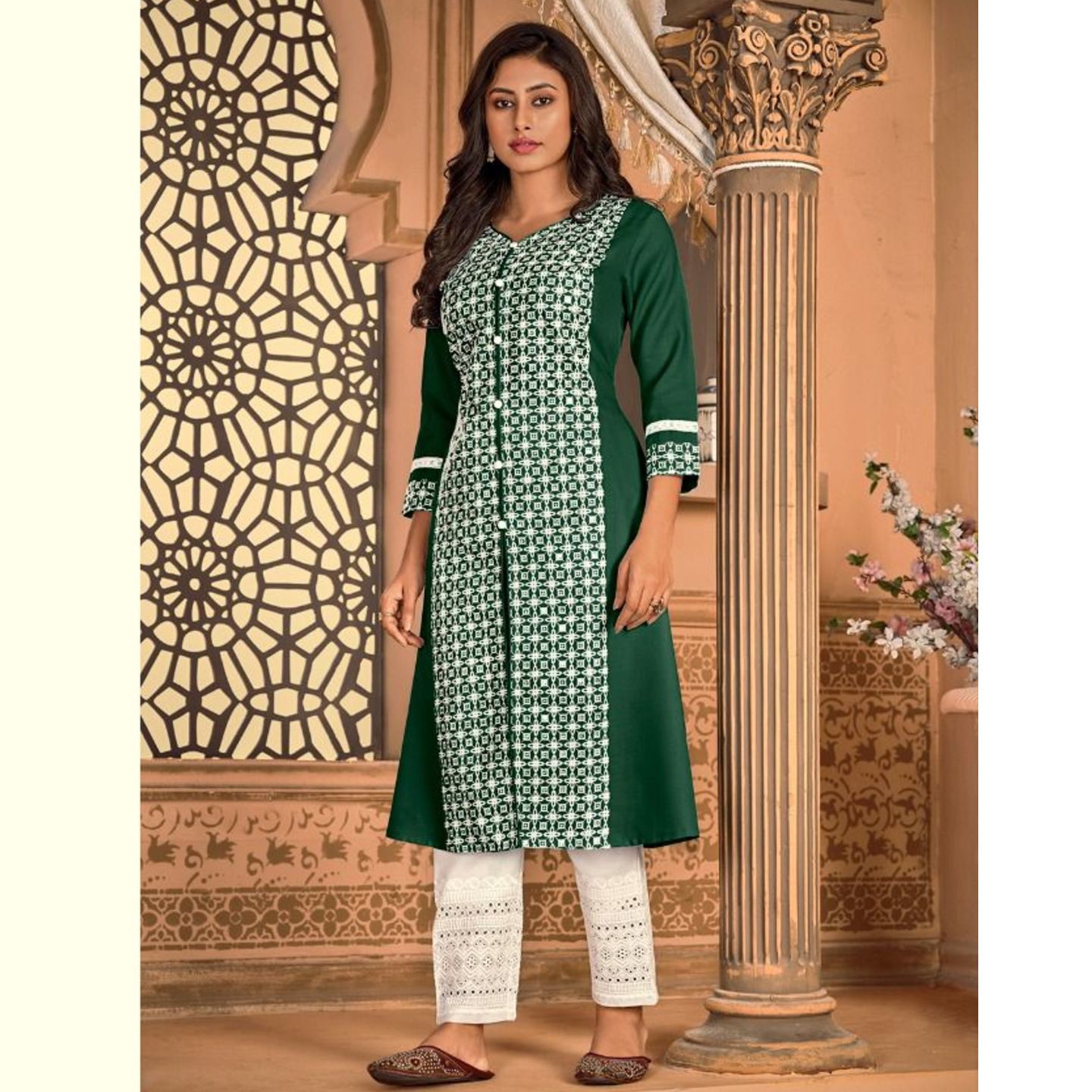 Talk By Fashion Women Front Slit Embroidered Bottle Green Kurta with Pants