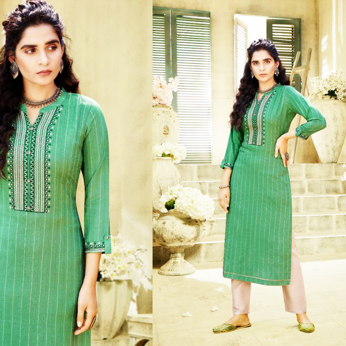 Talk By Fashion Women Sea Green Silk Linen Embroidered Straight Kurta