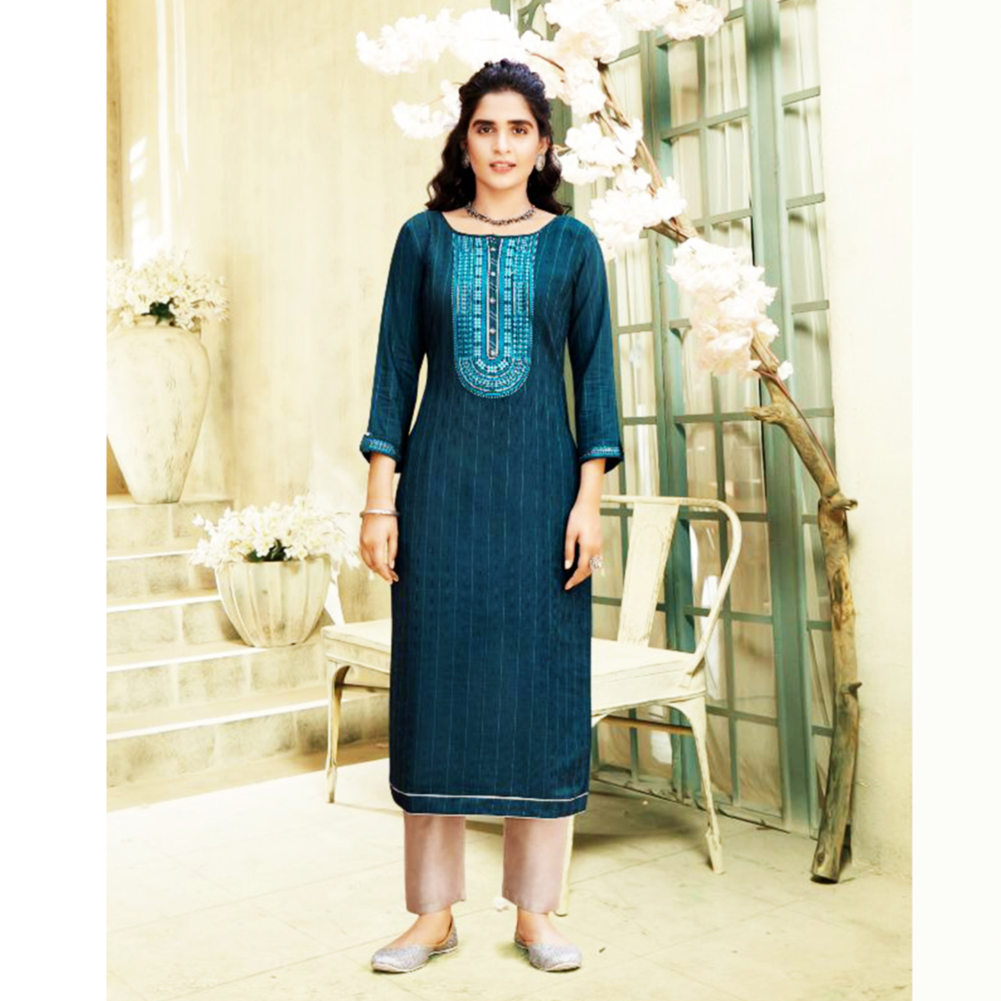 Talk By Fashion Women Dark Blue Silk Linen Embroidered Straight Kurta