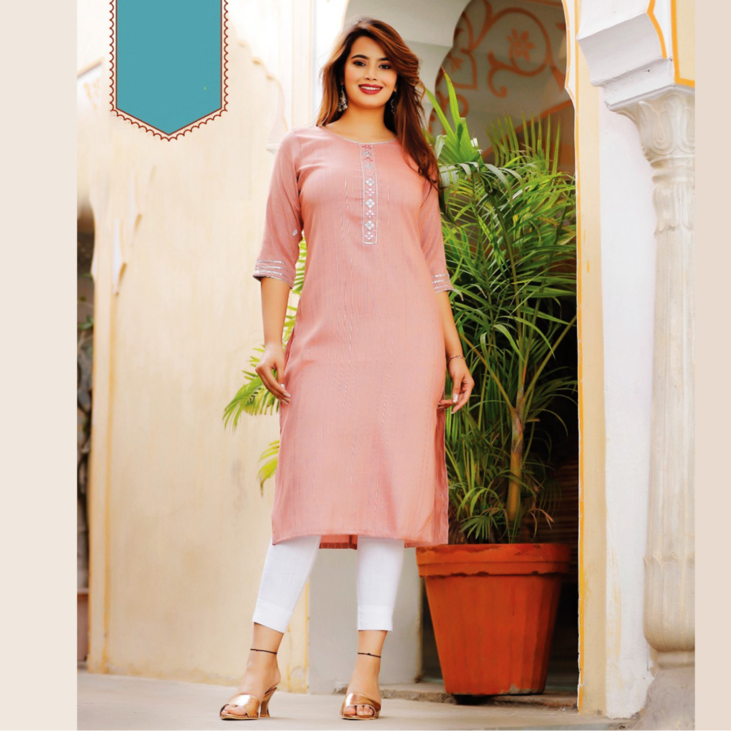 Talk By Fashion Light Baby Pink Embroidered Cotton Lurex Straight Kurti