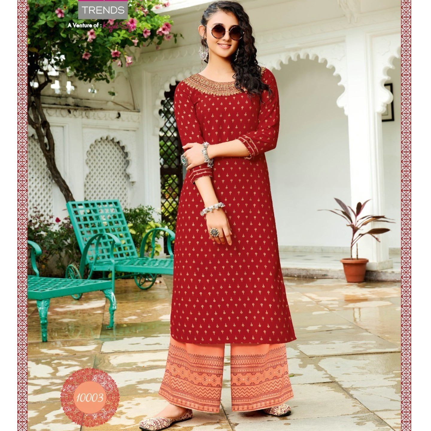Diya Trends Women Blooming Dark Red Color Kurta with Flared Palazzos
