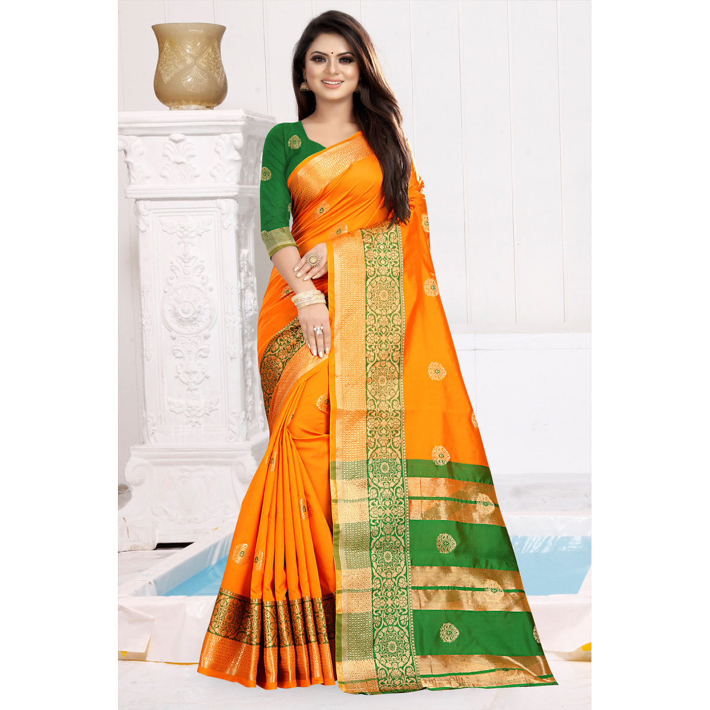 Talk By Fashion Women Cotton Silk Festive Wear Banarasi Saree Yellow