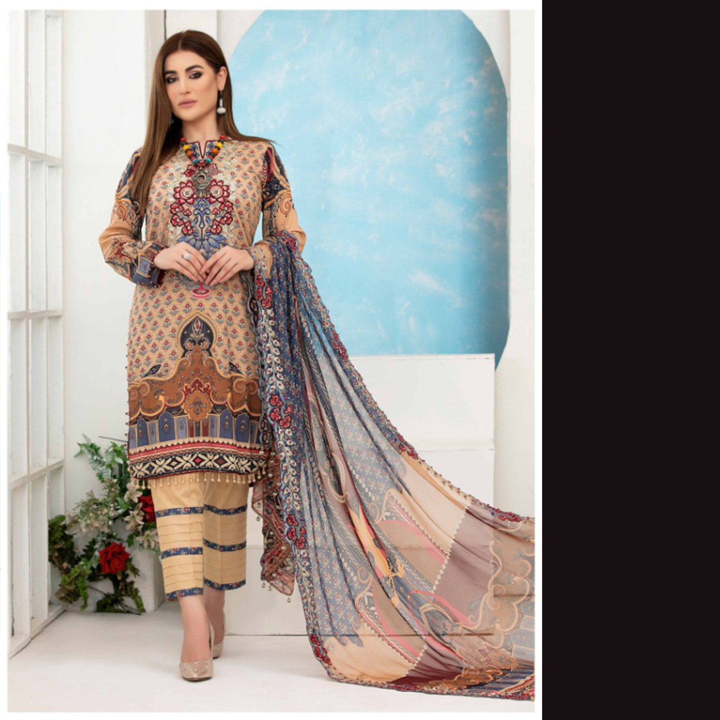 Talk By Fashion Women Japani Satin Silk Karachi Dress Material Cream Beige