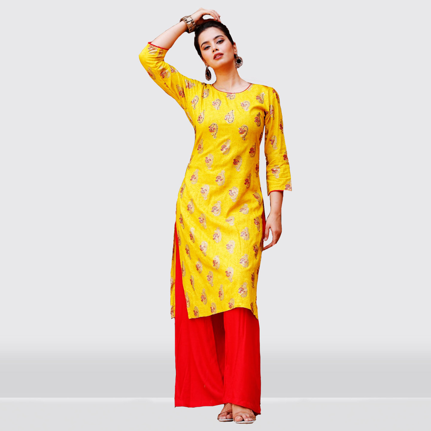 Talk By Fashion Women Yellow Gold Printed Handwork Kurta Palazzo Set