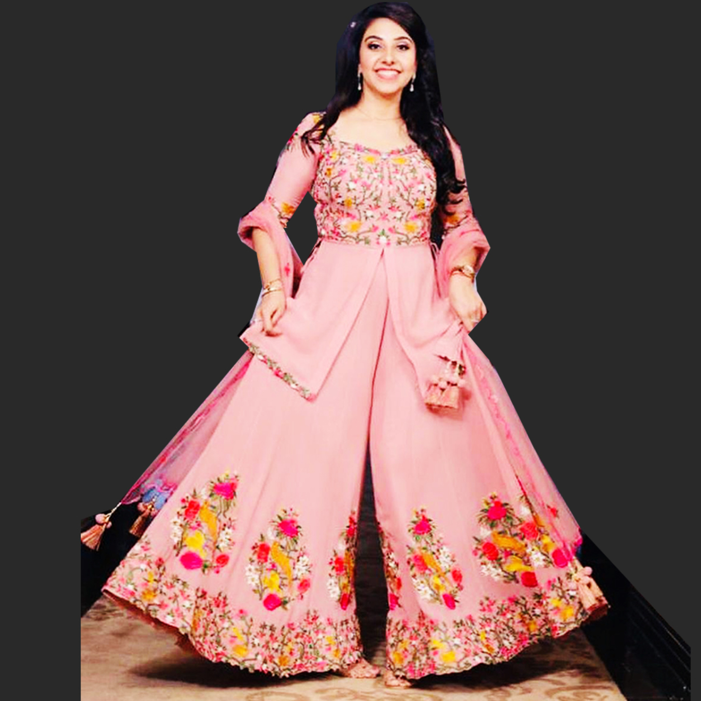 Women Baby Pink Color Embroidered Frock Kurti with Flaird Palazzo Dupatta Set