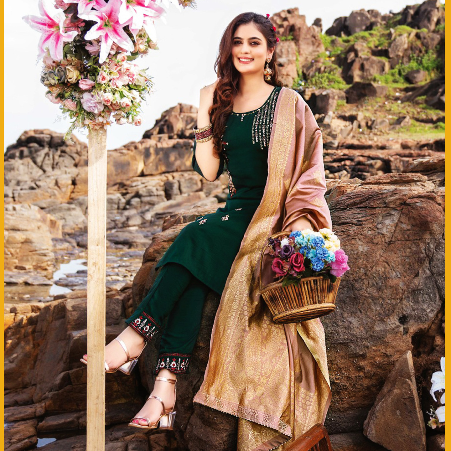 TALK BY FASHION Women Silk Embroidered Kurta with Pants & Dupatta Bottle Green