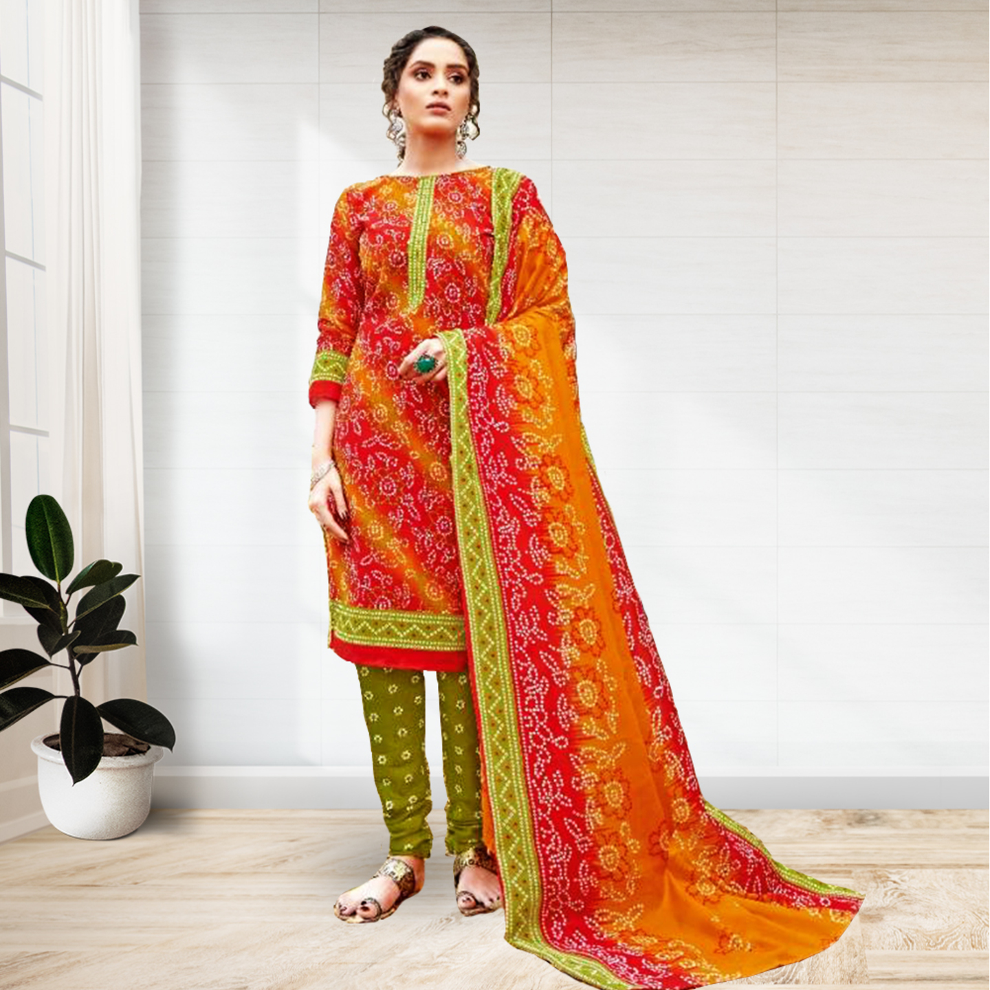 Talk By Fashion Women Soft Cotton Bandhani Print  Dress Material Orange