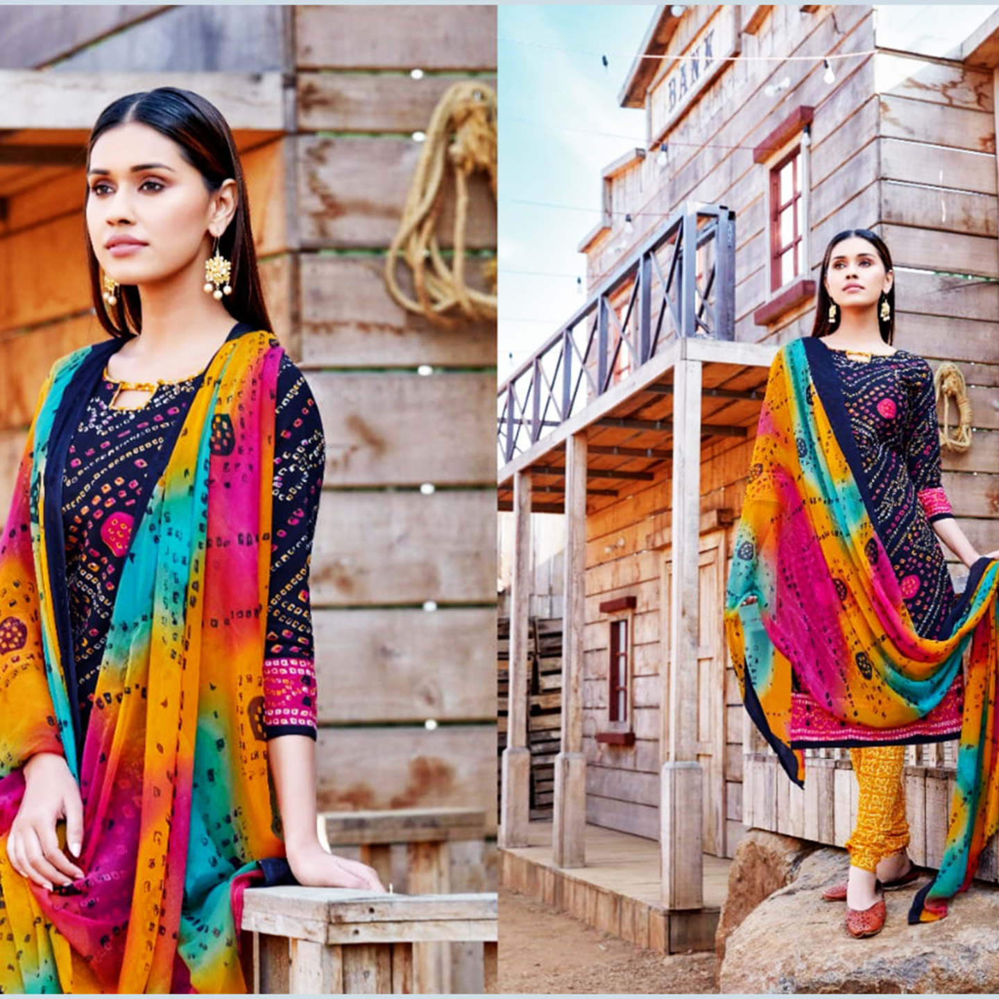 KIA Blue & Multicolored Cotton Bandhani Print Unstitched Dress Material