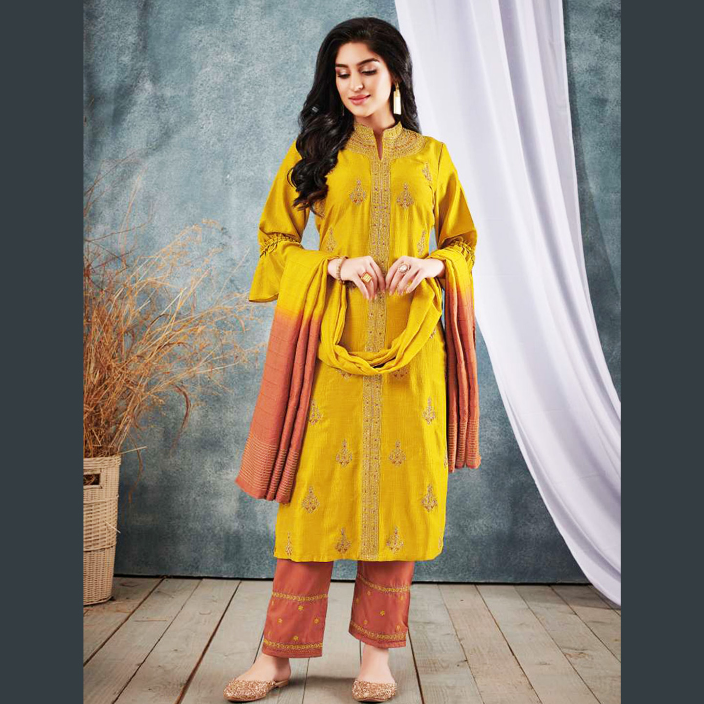 VNK Women Embroidered Silk Kurta with Pants & Dupatta