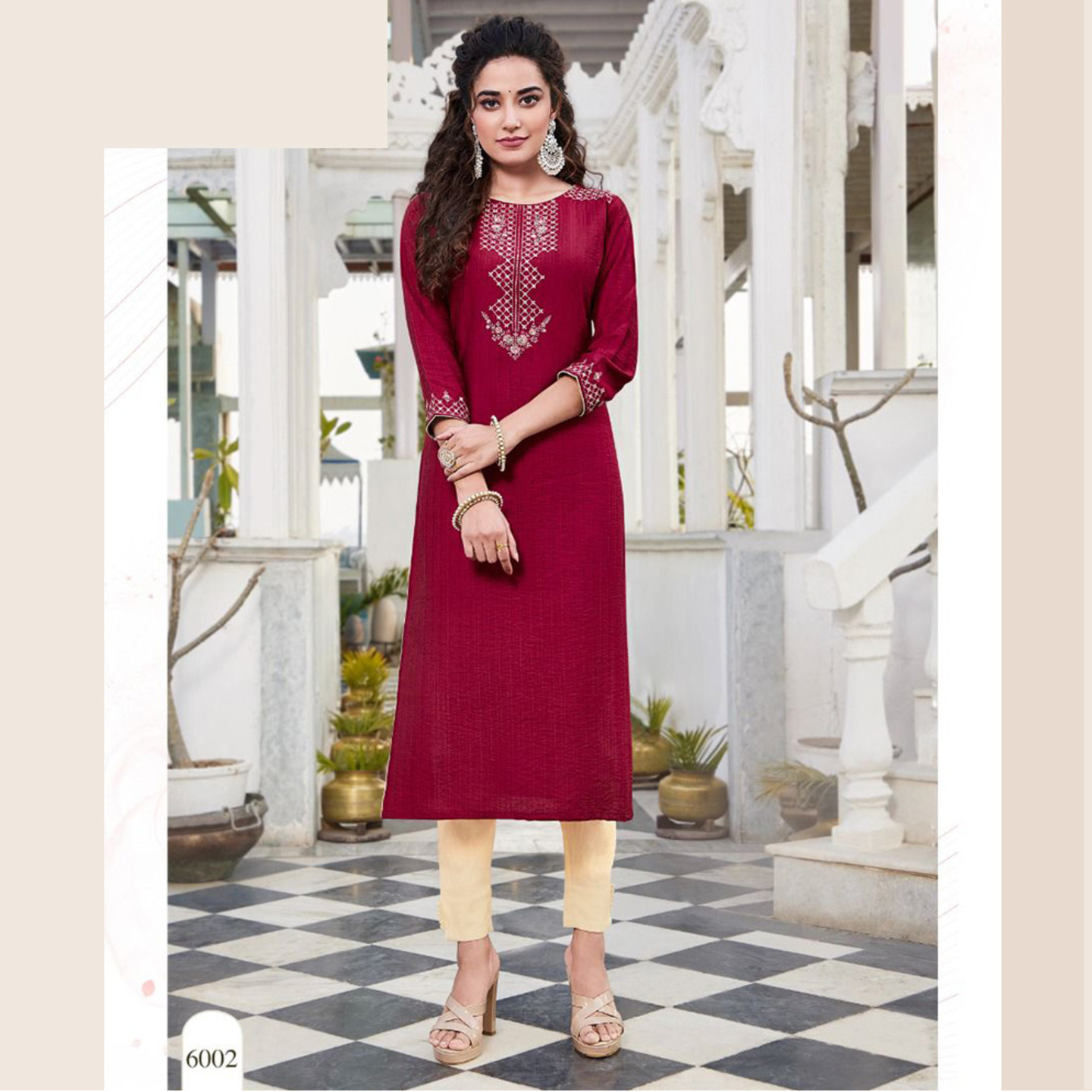 Women Wine Color Embroidered Pure Viscose Kurta