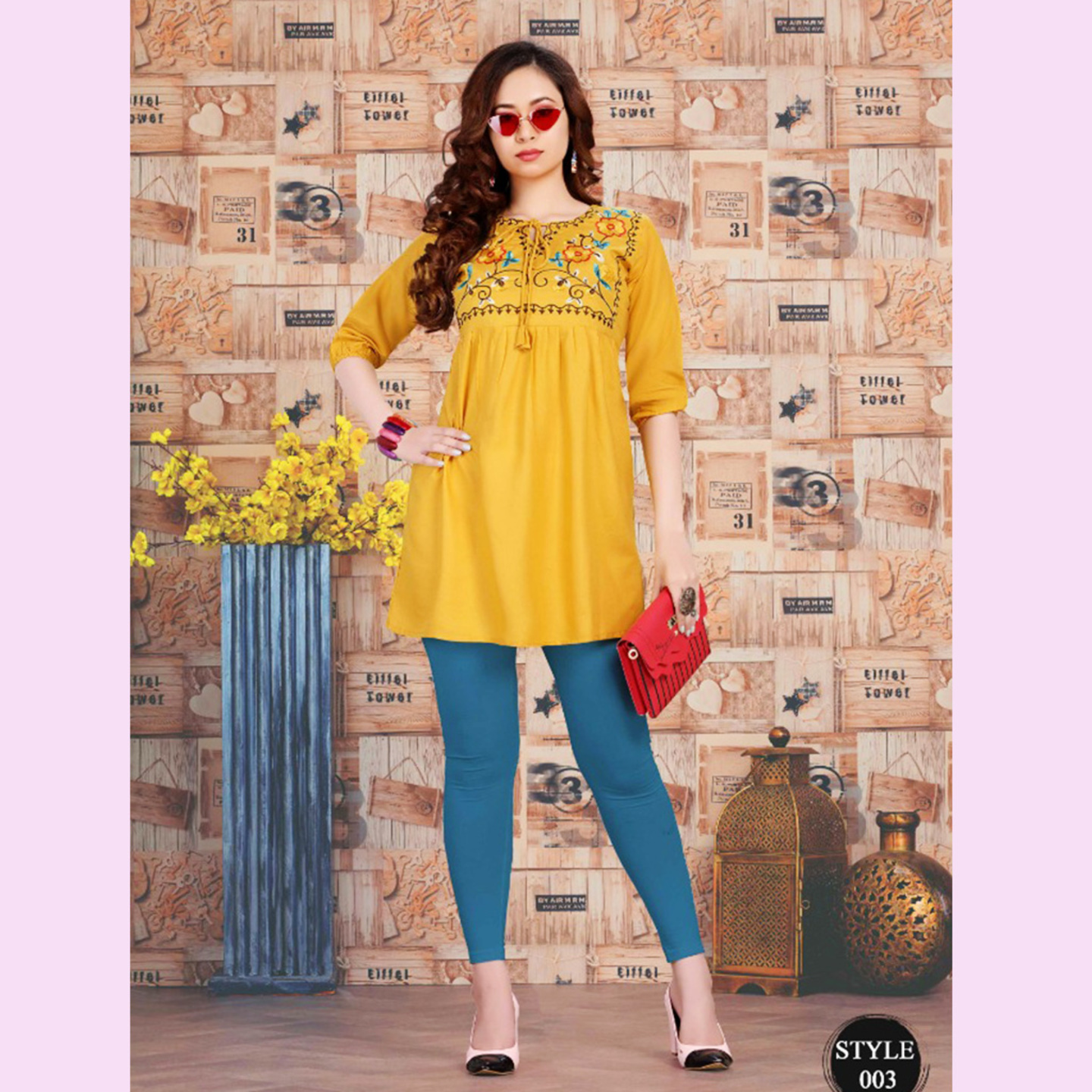 Women Mustered Yellow Embroidered Detail Tie-up Neck Tunic